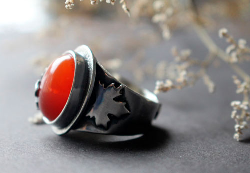 Red autumn leaf, maple leaf ring in silver and carnelian