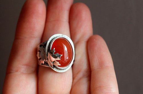 Red autumn leaf, maple leaf ring in silver and carnelian