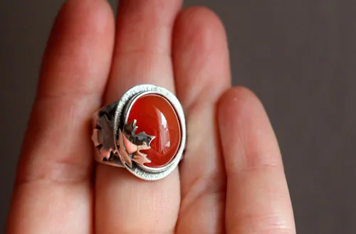 Red autumn leaf, maple leaf ring in silver and carnelian