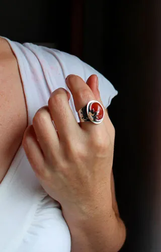 Red autumn leaf, maple leaf ring in silver and carnelian