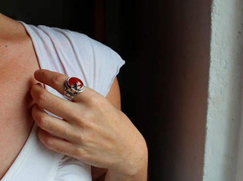 Red autumn leaf, maple leaf ring in silver and carnelian