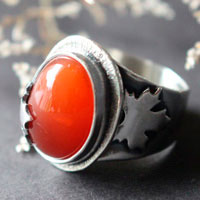 Red autumn leaf, maple leaf ring in silver and carnelian