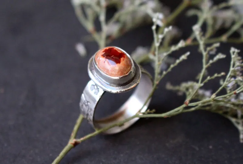 Red cherry flower, Japanese cherry ring in silver and fire opal