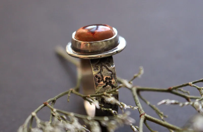 Red cherry flower, Japanese cherry ring in silver and fire opal