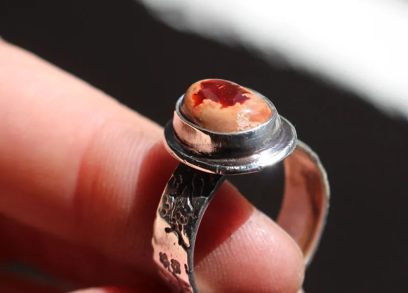 Red cherry flower, Japanese cherry ring in silver and fire opal