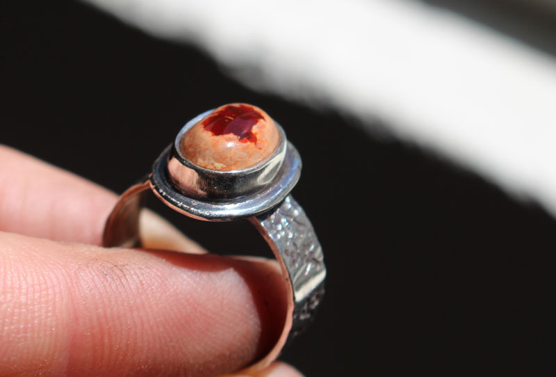Red cherry flower, Japanese cherry ring in silver and fire opal