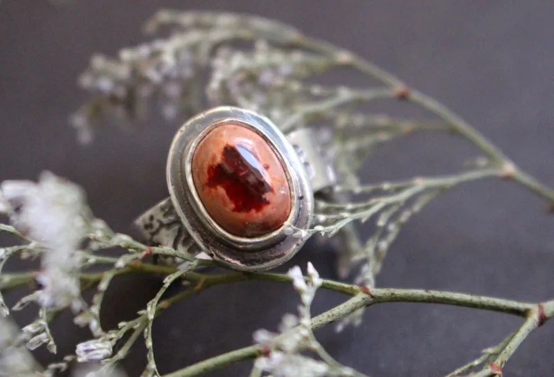 Red cherry flower, Japanese cherry ring in silver and fire opal