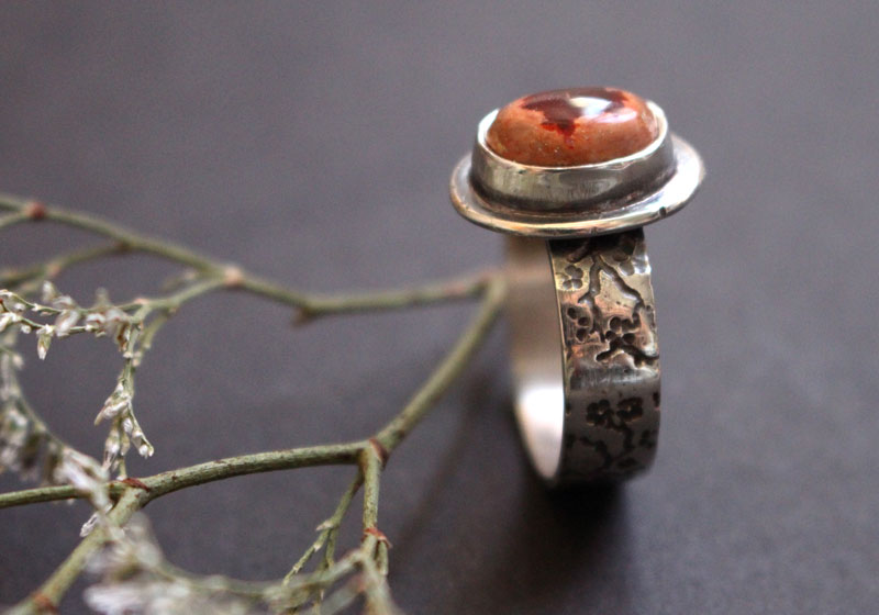 Red cherry flower, Japanese cherry ring in silver and fire opal