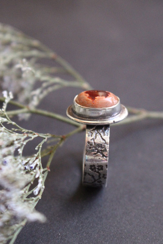 Red cherry flower, Japanese cherry ring in silver and fire opal
