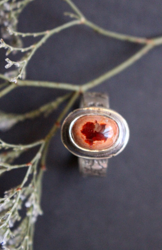 Red cherry flower, Japanese cherry ring in silver and fire opal