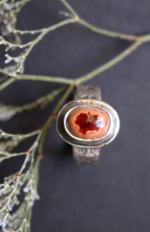 Red cherry flower, Japanese cherry ring in silver and fire opal