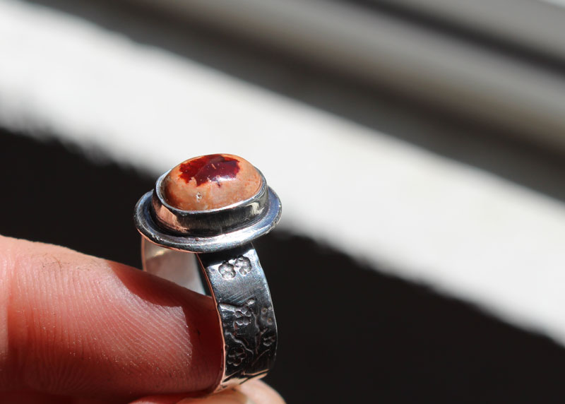 Red cherry flower, Japanese cherry ring in silver and fire opal