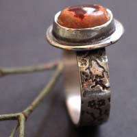 Red cherry flower, Japanese cherry ring in silver and fire opal