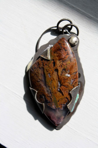Rising tide, red seaweed pendant in silver and Maury Mountain agate