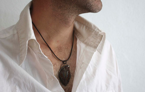 Rising tide, red seaweed pendant in silver and Maury Mountain agate