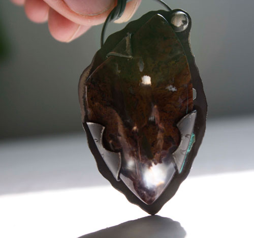 Rising tide, red seaweed pendant in silver and Maury Mountain agate