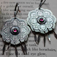 Rose, leaves earrings in silver and zircon