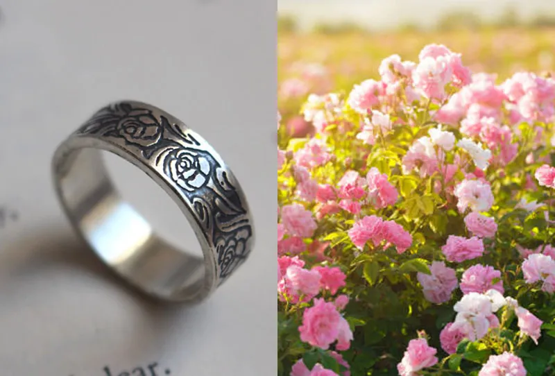 Rose, romantic rose flower ring in sterling silver