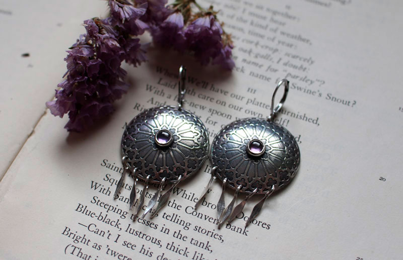 Rose window, medieval stained glass earrings in silver and zircon