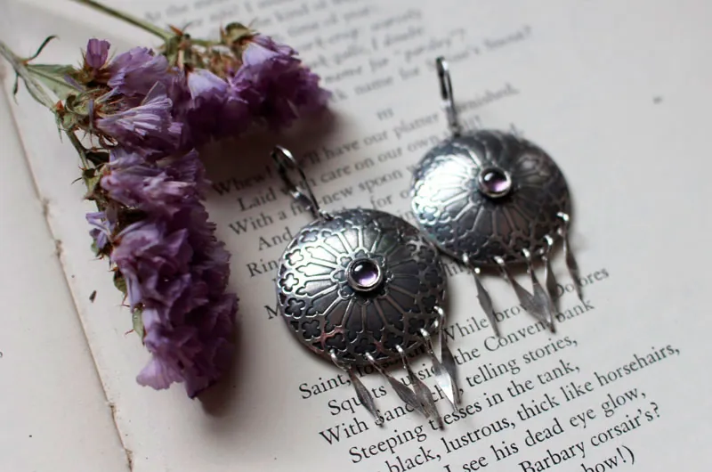 Rose window, medieval stained glass earrings in silver and zircon