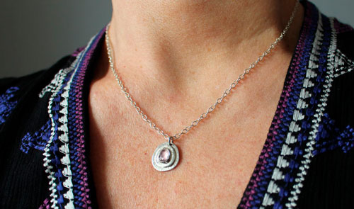Rosebud, flower necklace in sterling silver and pink sapphire