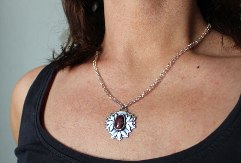 Ruby flower, botanical necklace in sterling silver and ruby