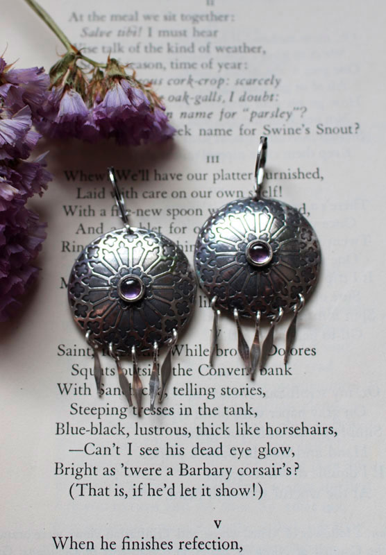 Rose window, medieval stained glass earrings in silver and zircon