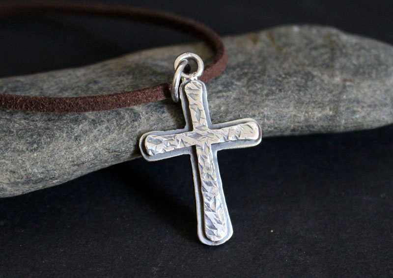 Rustic cross, hammered cross necklace in sterling silver