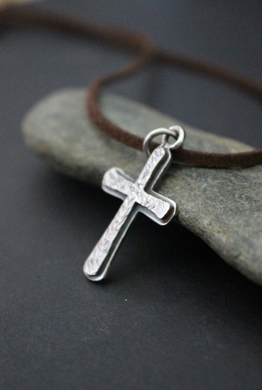 Rustic cross, hammered cross necklace in sterling silver