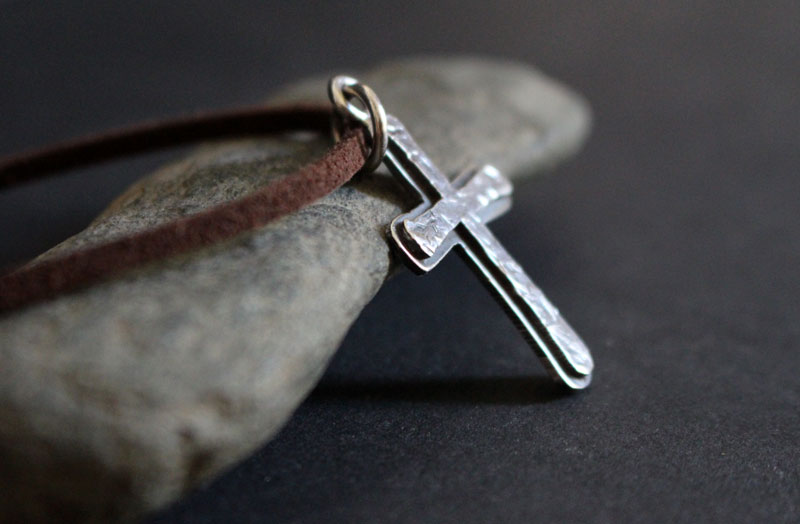 Rustic cross, hammered cross necklace in sterling silver