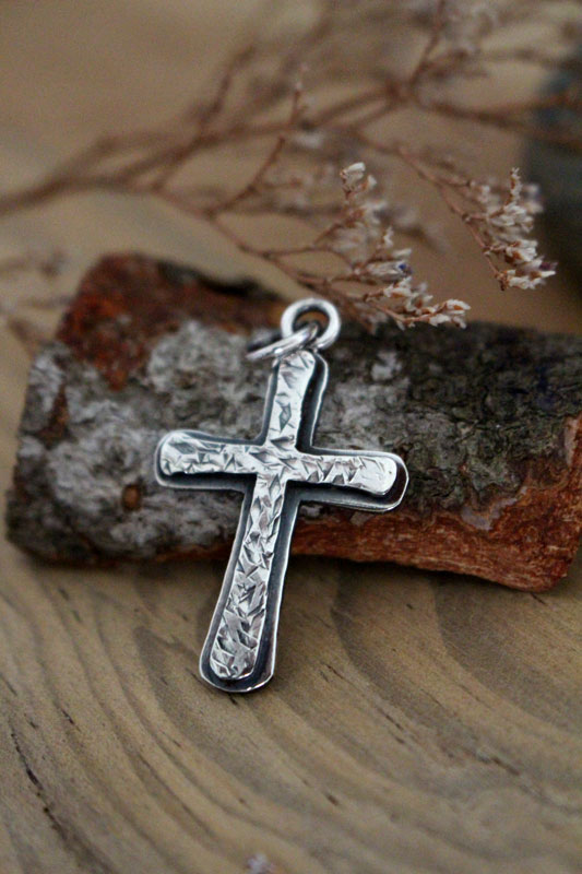 Rustic cross, hammered cross necklace in sterling silver