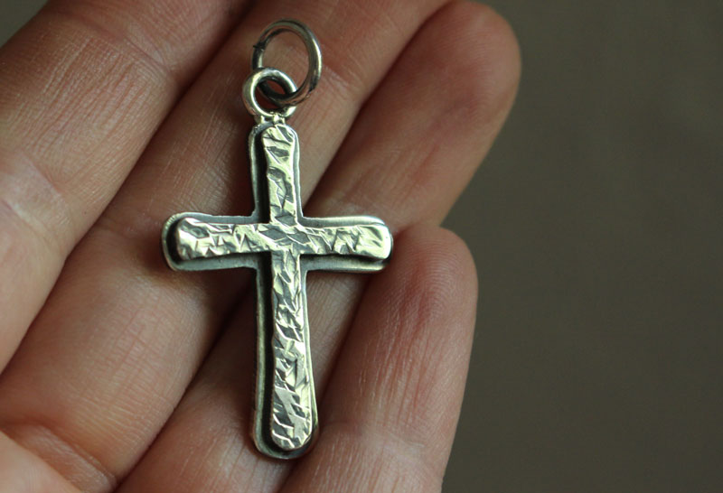 Rustic cross, hammered cross necklace in sterling silver