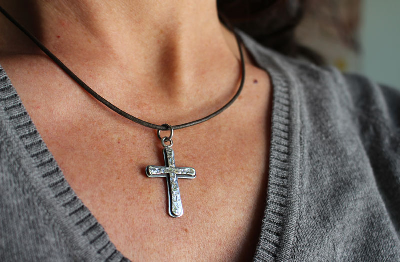 Rustic cross, hammered cross necklace in sterling silver