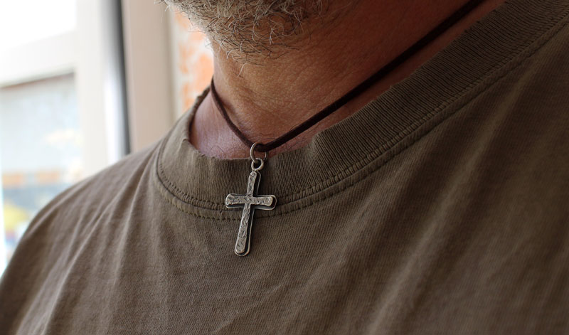 Rustic cross, hammered cross necklace in sterling silver