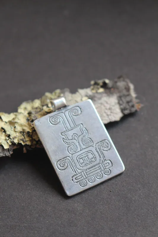 Sacred fire, Mexican Aztec glyph necklace in silver