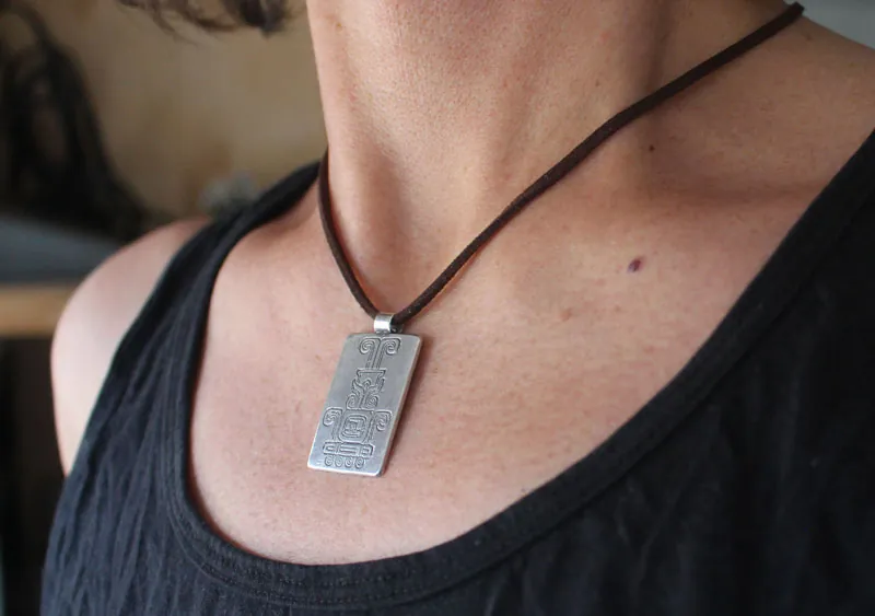 Sacred fire, Mexican Aztec glyph necklace in silver