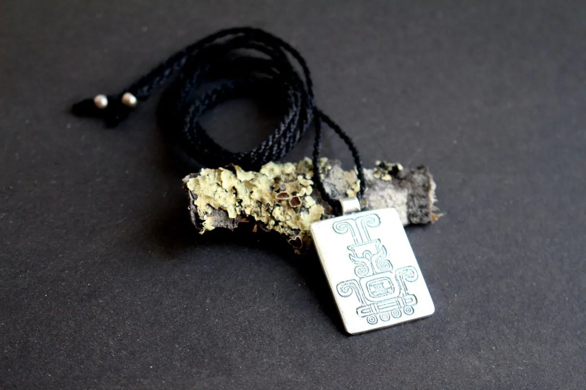Sacred fire, Mexican Aztec glyph necklace in silver