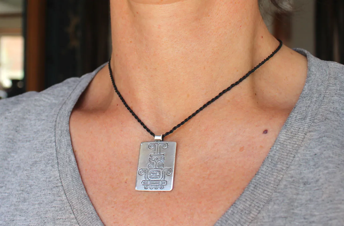 Sacred fire, Mexican Aztec glyph necklace in silver