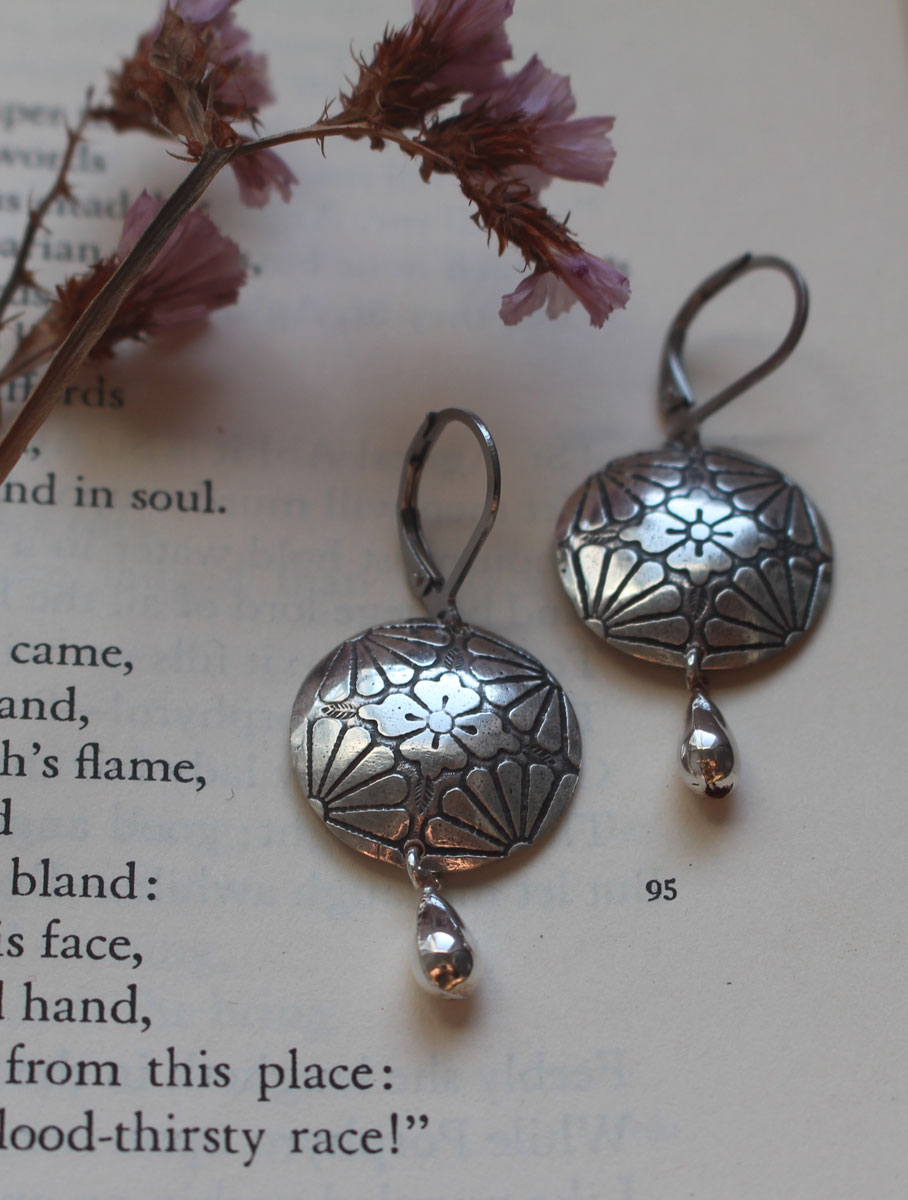 Sakura in bloom, Japanese cherry blossom flower earrings in silver