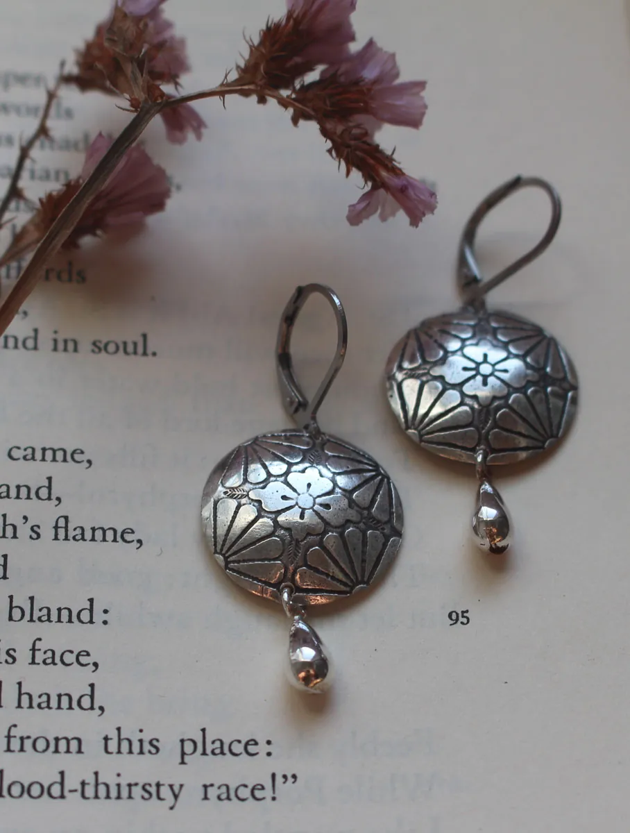 Sakura in bloom, Japanese cherry blossom flower earrings in silver