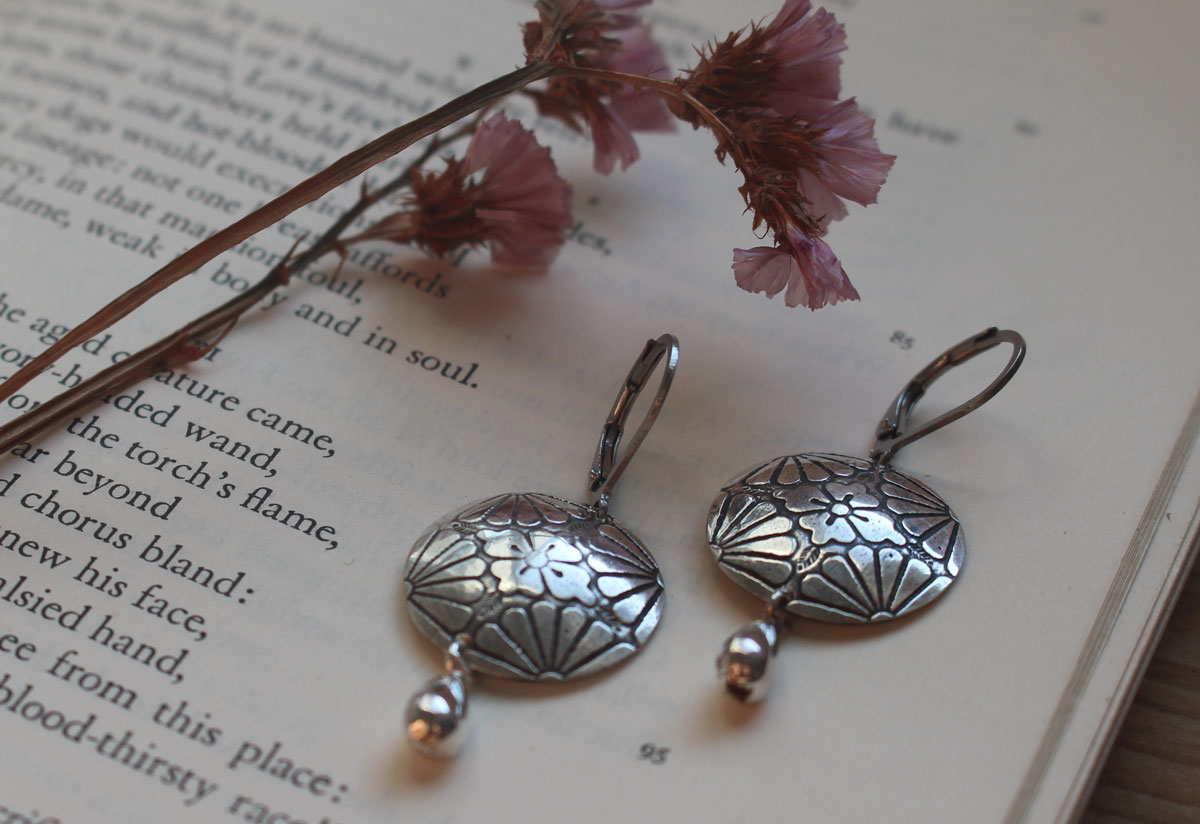 Sakura in bloom, Japanese cherry blossom flower earrings in silver