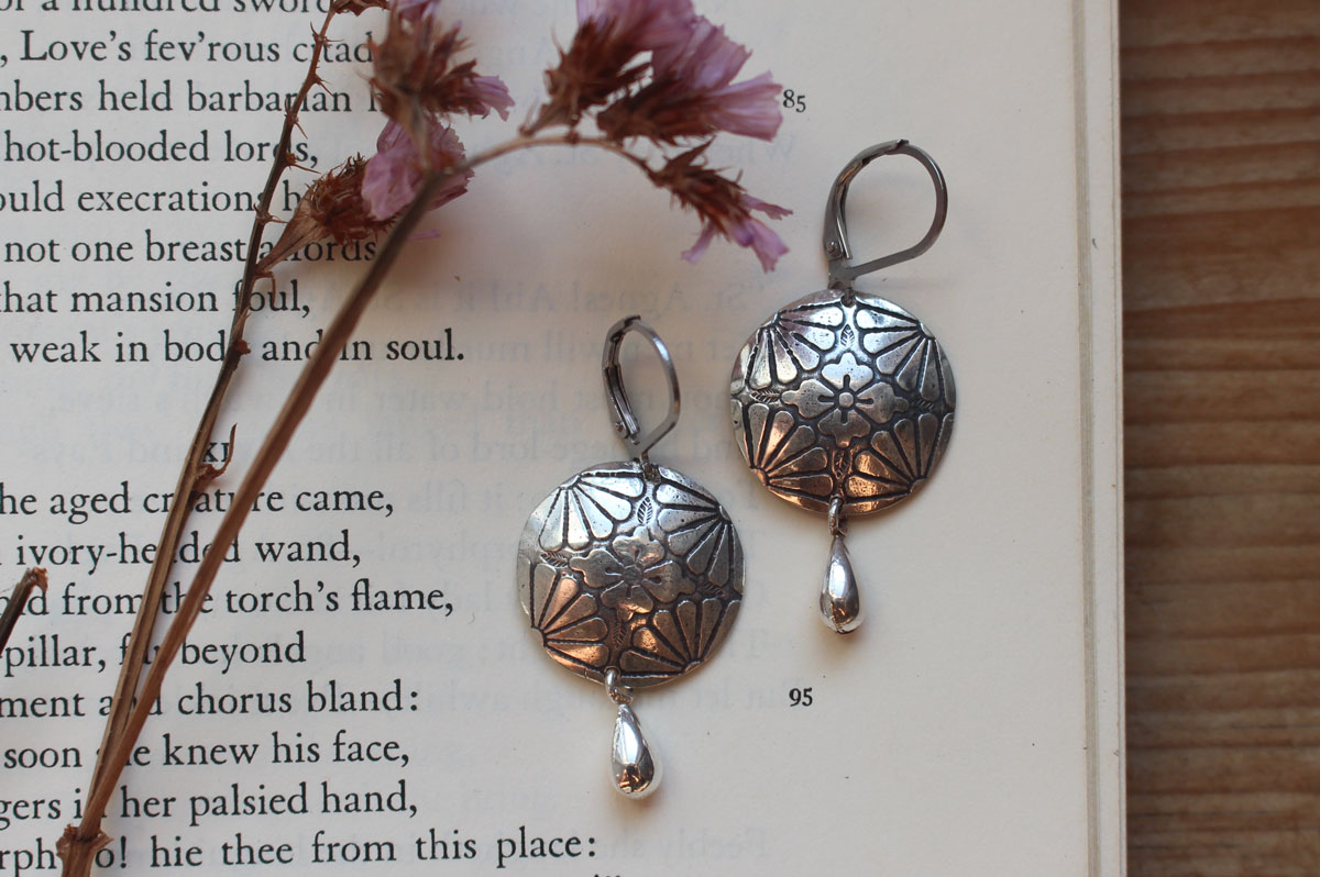 Sakura in bloom, Japanese cherry blossom flower earrings in silver