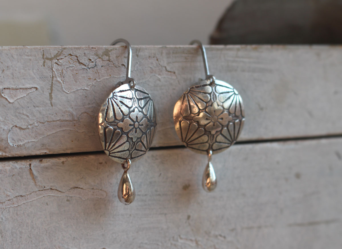 Sakura in bloom, Japanese cherry blossom flower earrings in silver