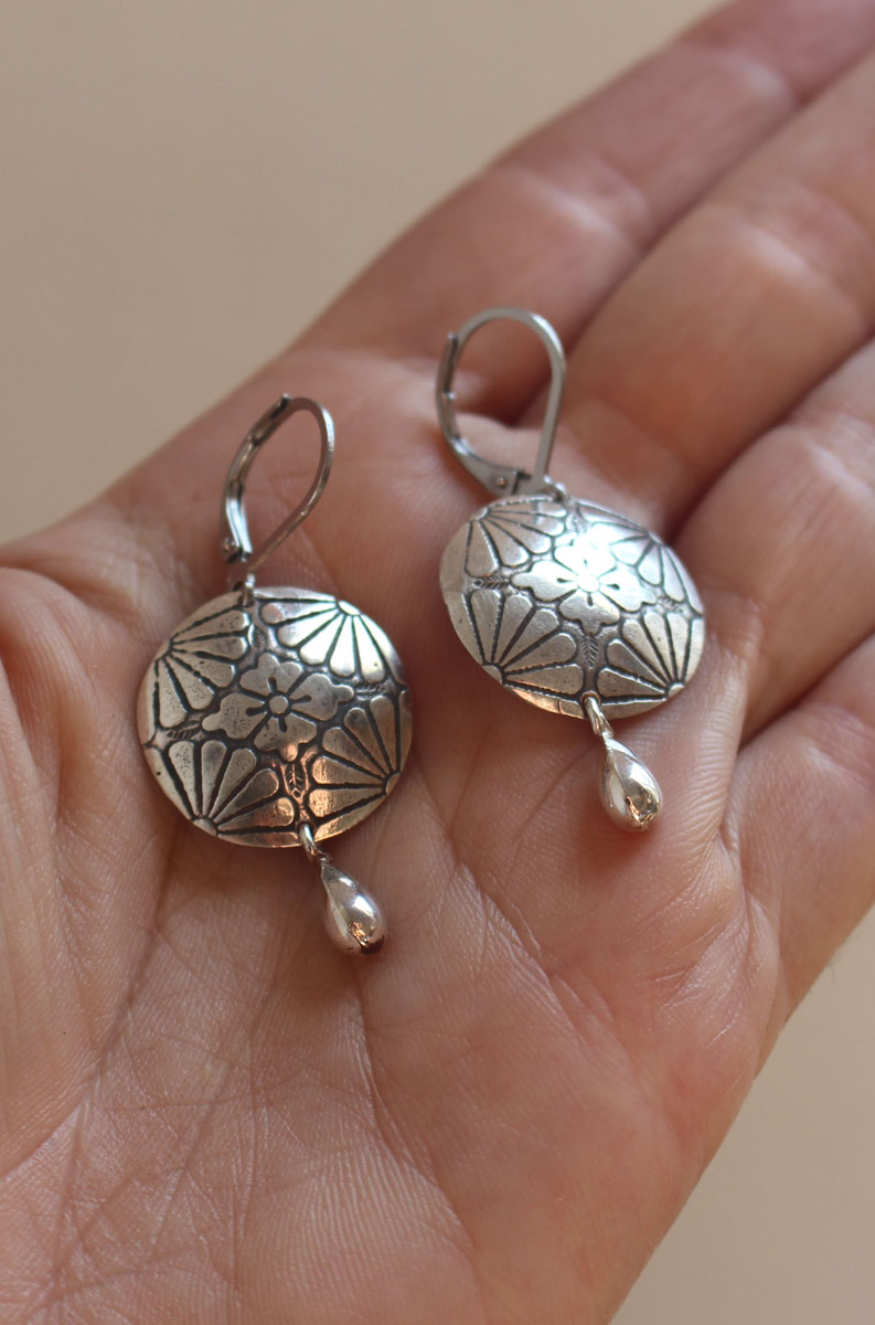Sakura in bloom, Japanese cherry blossom flower earrings in silver