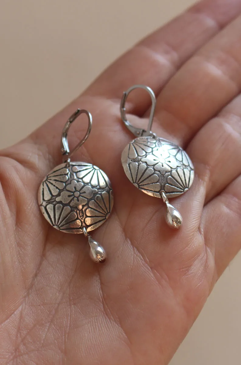 Sakura in bloom, Japanese cherry blossom flower earrings in silver