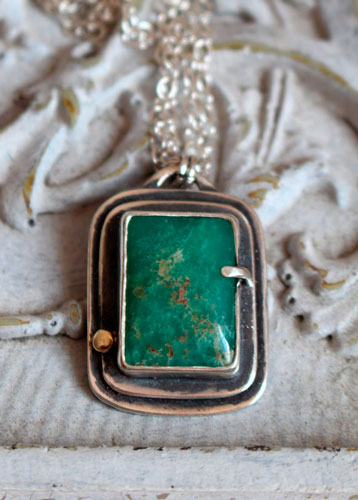 Sanctuary, Celtic sacred rectangle necklace in silver, gold, and chrysoprase