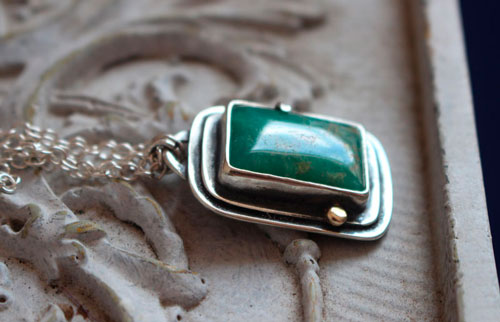 Sanctuary, Celtic sacred rectangle necklace in silver, gold, and chrysoprase