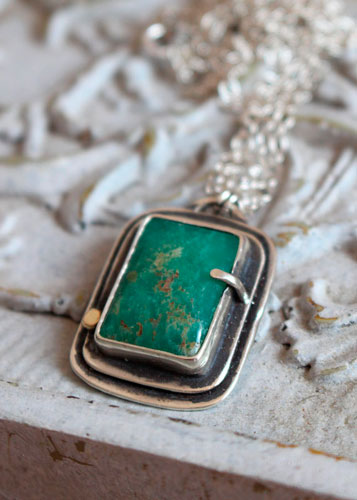 Sanctuary, Celtic sacred rectangle necklace in silver, gold, and chrysoprase