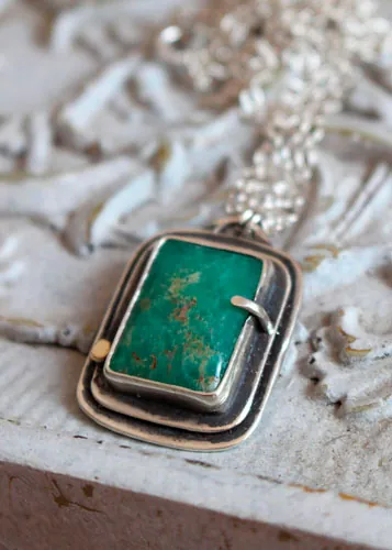 Sanctuary, Celtic sacred rectangle necklace in silver, gold, and chrysoprase