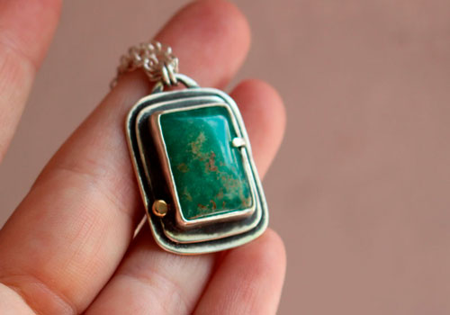Sanctuary, Celtic sacred rectangle necklace in silver, gold, and chrysoprase